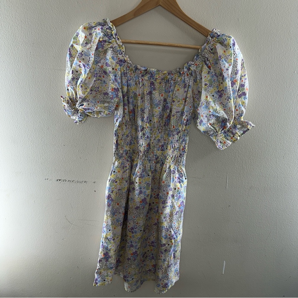Levi - Floral Off Shoulder Smocked Mini Dress Puff Sleeve Boho Summer Women L - Picture 3 of 11